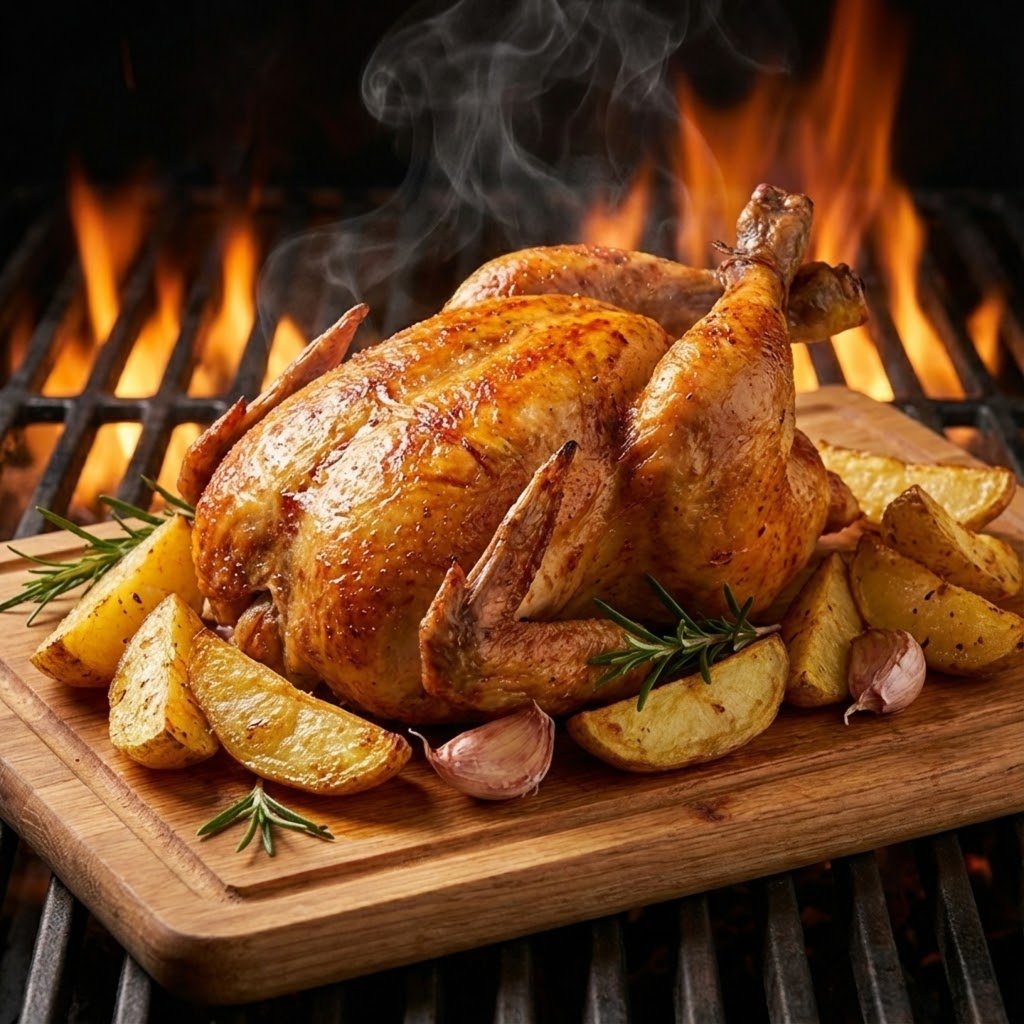 Pollo al Spiedo Dorado con Papas Rústicas en Longchamps